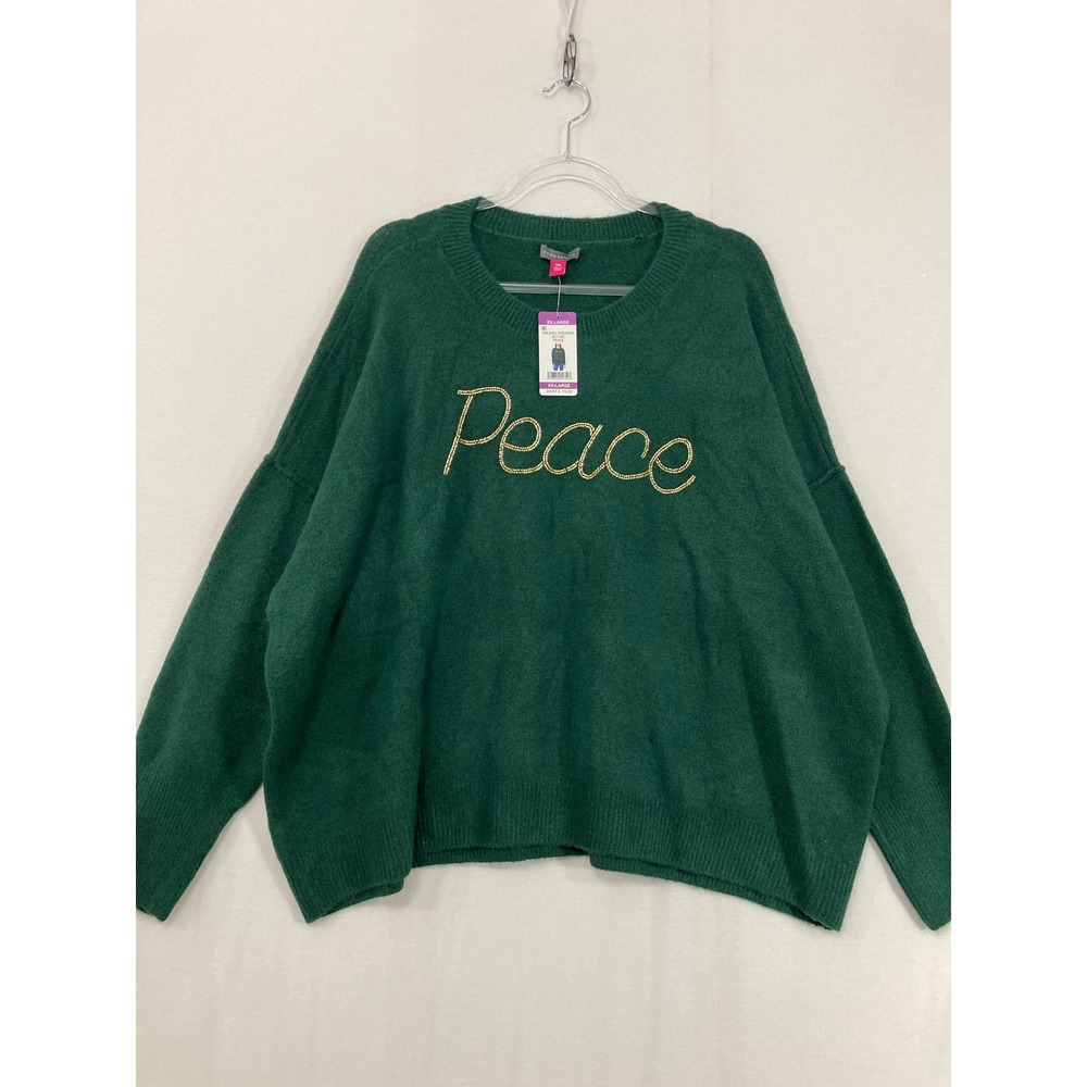 New Vince Camuto Sweater XXL Green Peace Beaded Graphic Oversized Pullover